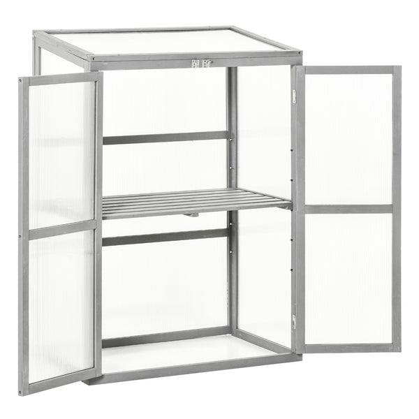 Wooden Cold Frame Greenhouse Polycarbonate Garden Grow House for Flower Vegetable Plants with Adjustable Shelf, Double Doors, 76 x 47 x 110cm, Light Grey