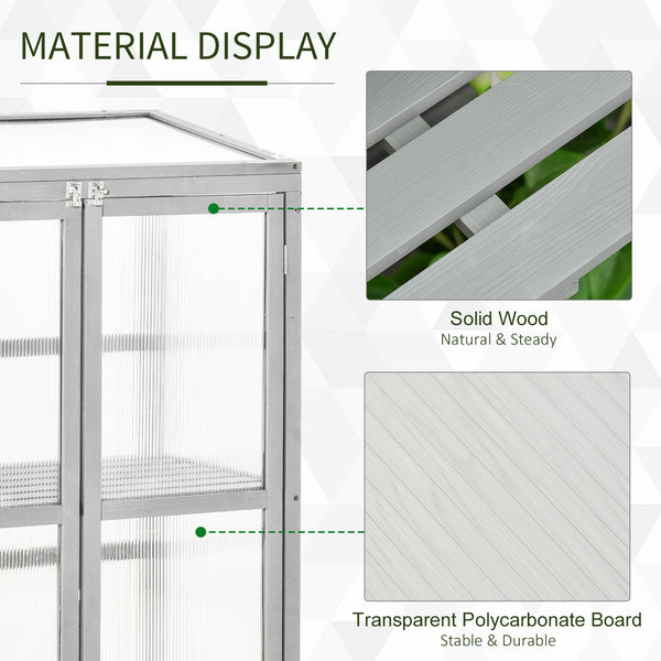 Wooden Cold Frame Greenhouse Polycarbonate Garden Grow House for Flower Vegetable Plants with Adjustable Shelf, Double Doors, 76 x 47 x 110cm, Light Grey