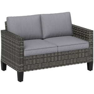 2 Seater Rattan Sofa with Cushions, Wicker Garden Loveseat with Armrests, Outdoor Garden Sofa Couch with Steel Frame for Balcony, Porch, Dark Grey