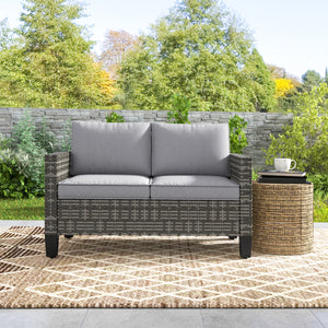 2 Seater Rattan Sofa with Cushions, Wicker Garden Loveseat with Armrests, Outdoor Garden Sofa Couch with Steel Frame for Balcony, Porch, Dark Grey