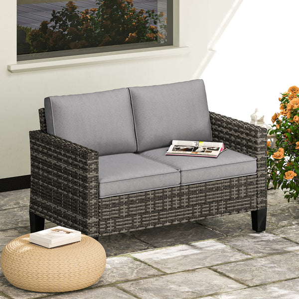 2 Seater Rattan Sofa with Cushions, Wicker Garden Loveseat with Armrests, Outdoor Garden Sofa Couch with Steel Frame for Balcony, Porch, Dark Grey