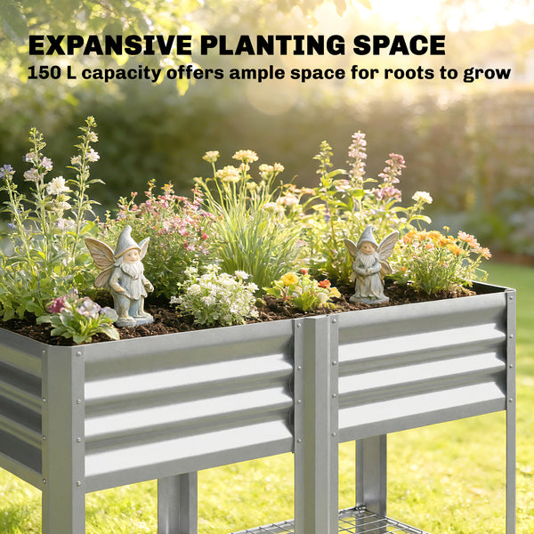Galvanized Steel Raised Garden Bed, Elevated Planter Box with Legs and Storage Shelf, Raised Planter for Vegetables, Flowers, Herbs, for Outdoor, Patio, Yard, Silver
