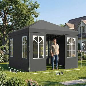 9.6 x 9.6 ft Pop Up Canopy Tent with Sidewalls, One Button Push Setup, UPF50+ Outdoor Portable Instant Canopy Shelter with Carry Bag, Sandbags, Adjustable Height for Parties Events, Dark Gray