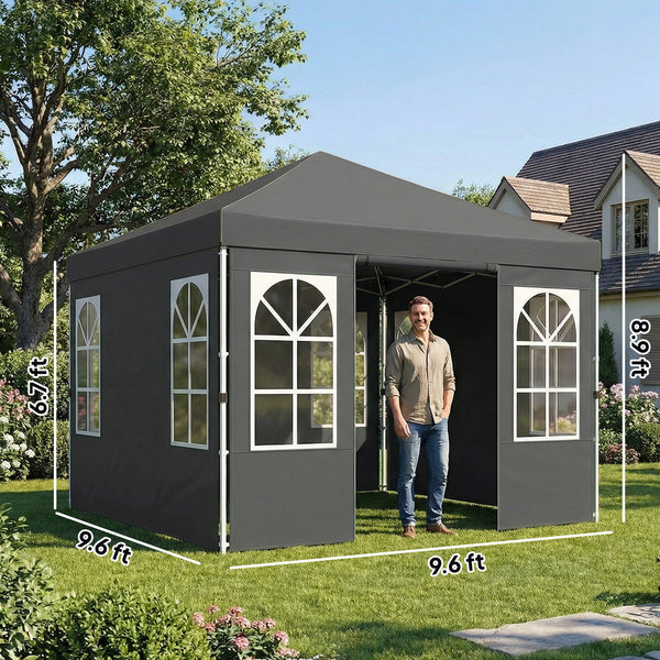9.6 x 9.6 ft Pop Up Canopy Tent with Sidewalls, One Button Push Setup, UPF50+ Outdoor Portable Instant Canopy Shelter with Carry Bag, Sandbags, Adjustable Height for Parties Events, Dark Gray