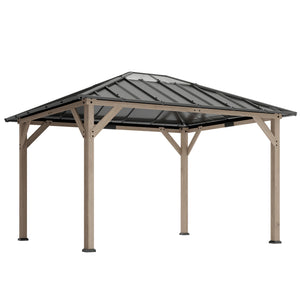 10' x 12' Hardtop Gazebo with Galvanized Steel Roof, Wood Permanent Pavilion Canopy Shelter with Clear Roof Top, UPF50+ Protection, Ceiling Hooks for Lawn, Backyard, Deck, Light Walnut