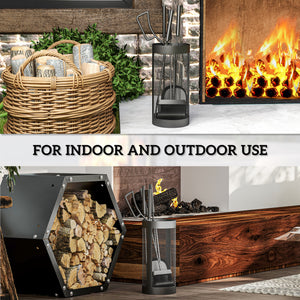 Fireplace Tools Set 5 Pieces Metal Fire Place Kit, Outdoor Indoor Fireside Accessories with Brush, Shovel, Poker, A Pair of Tongs, Mesh Basket, Black