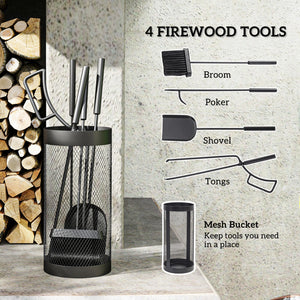 Fireplace Tools Set 5 Pieces Metal Fire Place Kit, Outdoor Indoor Fireside Accessories with Brush, Shovel, Poker, A Pair of Tongs, Mesh Basket, Black