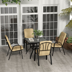 5 Pieces Garden Dining Set, Outdoor Square Dining Table and 4 Cushioned Armchairs, Tempered Glass Top Table w/ Umbrella Hole, Texteline Seats, Beige