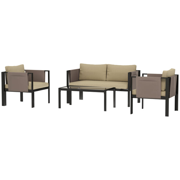4 Piece Metal Garden Furniture Set with Tempered Glass Coffee Table, Texteline Pocket, Outdoor Set Loveseat Single Armchairs with Padded Cushions, Khaki