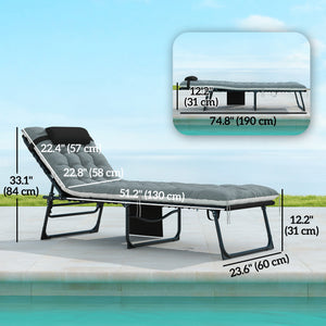 Folding Outdoor Lounge Chair Set of 2, 5-Position Reclining Patio Chaise Lounge Chairs, Tanning Chair with Cushion, Headrest, Side Pocket for Beach, Poolside, Black/Grey