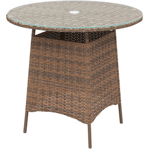 31.5" Outdoor Round Patio Table with Umbrella Hole, All Weather Bistro Coffee Table with Tempered Glass Top for Garden, Balcony, Backyard, Brown