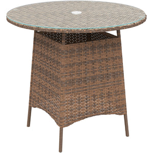 31.5" Outdoor Round Patio Table with Umbrella Hole, All Weather Bistro Coffee Table with Tempered Glass Top for Garden, Balcony, Backyard, Brown