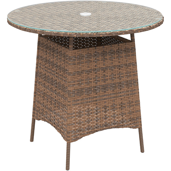 31.5" Outdoor Round Patio Table with Umbrella Hole, All Weather Bistro Coffee Table with Tempered Glass Top for Garden, Balcony, Backyard, Brown