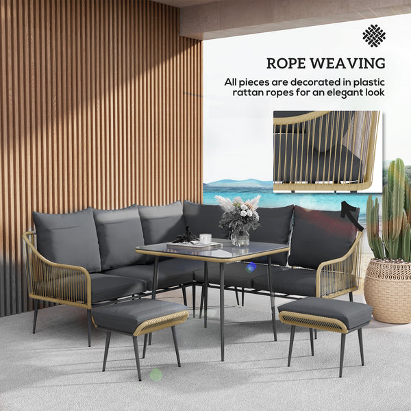 6 Piece Garden Furniture Set, Garden Corner Sofa Set with Thickened Cushions, Outdoor Patio Furniture Set with Glass Top Table, Footstools for Conservatory, Light Brown