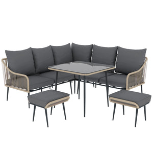 6 Piece Garden Furniture Set, Garden Corner Sofa Set with Thickened Cushions, Outdoor Patio Furniture Set with Glass Top Table, Footstools for Conservatory, Light Brown