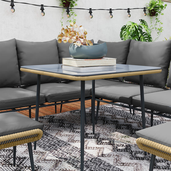 6 Piece Garden Furniture Set, Garden Corner Sofa Set with Thickened Cushions, Outdoor Patio Furniture Set with Glass Top Table, Footstools for Conservatory, Light Brown