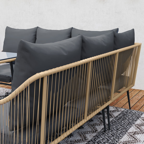 6 Piece Garden Furniture Set, Garden Corner Sofa Set with Thickened Cushions, Outdoor Patio Furniture Set with Glass Top Table, Footstools for Conservatory, Light Brown