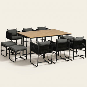 ARVOYA 10 Seater Rattan Garden Furniture Set with Wood Grain Top Table, Black