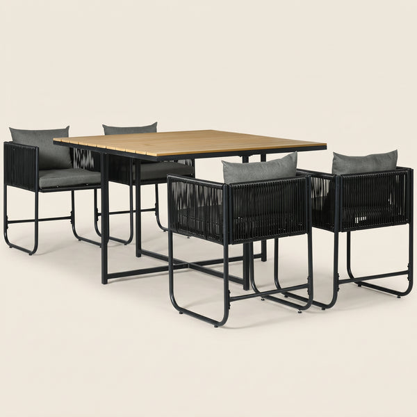 ARVOYA 4 Seater Rattan Garden Furniture Set with Armchairs, Cushions & Wood Grain Top Table, Black