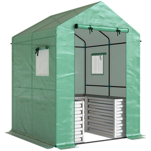 Greenhouse with Raised Garden Bed, 56" x 56" x 75" Galvanized Metal Planter Box with PE Cover, Roll Up Door and Windows, Outdoor Greenhouse for Flowers Vegetables, Green