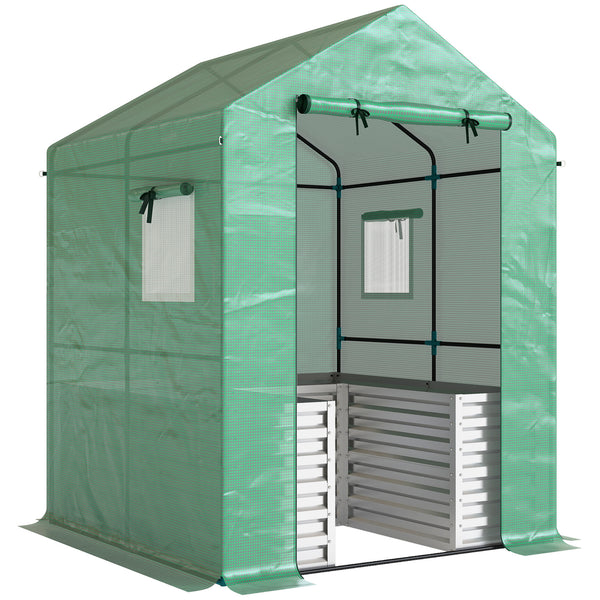 Greenhouse with Raised Garden Bed, 56" x 56" x 75" Galvanized Metal Planter Box with PE Cover, Roll Up Door and Windows, Outdoor Greenhouse for Flowers Vegetables, Green