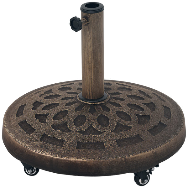Round Patio Umbrella Base with Wheels, 46 lbs Resin Umbrella Stand Base, Heavy Duty Patio Umbrella Holder for 1.3"/1.5"/1.9" Umbrella Poles for Outdoor, Lawn, Poolside, Bronze