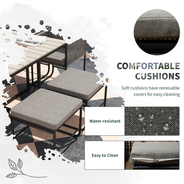 10 Seater Rattan Cube Garden Furniture Set, Rattan Dining Set with Cushions, Outdoor Dining Table and Chairs with 6 Armchairs, 4 Stools, Rectangular Wood Grain Plastic Top Table, Grey