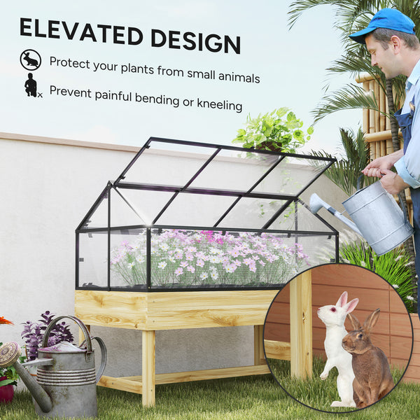 Raised Garden Bed with Cold Frame Greenhouse, Elevated Wood Planter Box with Polycarbonate Panel and Top Vent for Vegetables, Flowers, Herbs, 120 x 60 x 103cm, Natural