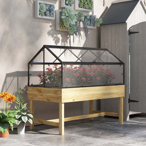 Raised Garden Bed with Cold Frame Greenhouse, Elevated Wood Planter Box with Polycarbonate Panel and Top Vent for Vegetables, Flowers, Herbs, 120 x 60 x 103cm, Natural