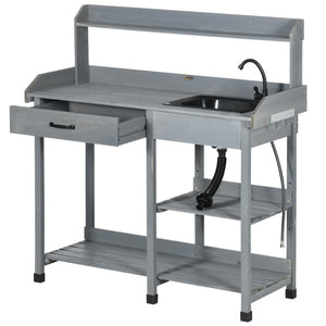 Potting Bench Table Garden Work Bench Workstation with Drawer, Removable Sink, Storage Shelves and Hooks for Patio, Courtyards, Balcony