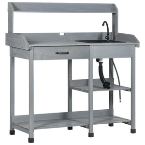 Potting Bench Table Garden Work Bench Workstation with Drawer, Removable Sink, Storage Shelves and Hooks for Patio, Courtyards, Balcony