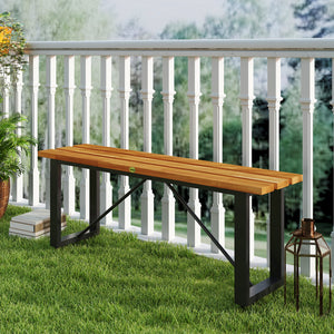 Outdoor Bench, Acacia Wood Patio Garden Bench, 47" 2-Person Backless Patio Loveseat with Slatted Seat and Metal Frame, Weather/Corrosion Resistant for Outside, Front Porch, Park, Teak