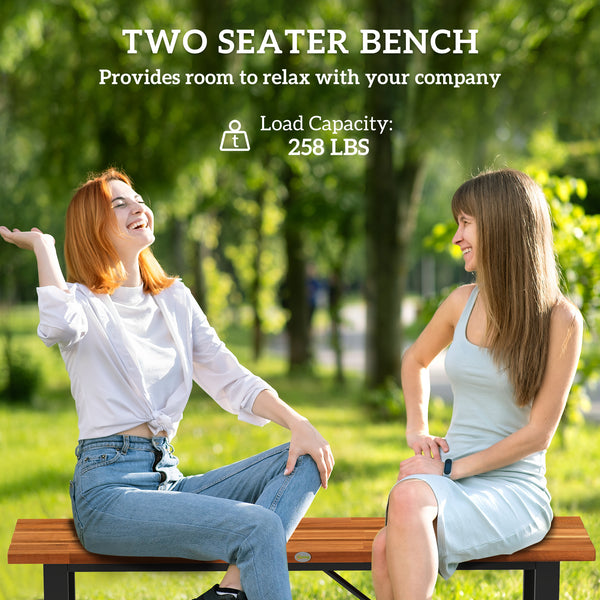 Outdoor Bench, Acacia Wood Patio Garden Bench, 47" 2-Person Backless Patio Loveseat with Slatted Seat and Metal Frame, Weather/Corrosion Resistant for Outside, Front Porch, Park, Teak
