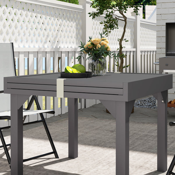 Extendable Aluminium Outdoor Dining Table for 4-6 Person, 35"-71" Slatted Metal Patio Table for Garden, Backyard, Deck, Porch, Lawn, Grey