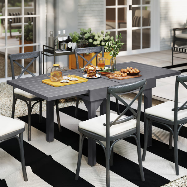 Extendable Aluminium Outdoor Dining Table for 4-6 Person, 35"-71" Slatted Metal Patio Table for Garden, Backyard, Deck, Porch, Lawn, Grey