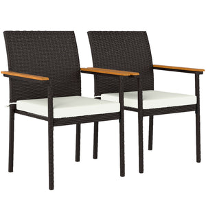 Stackable Wicker Patio Chairs Set of 2, PE Rattan Outdoor Dining Chairs with Removable Cushion, Armrest for Garden, Porch, Yard, Cream White