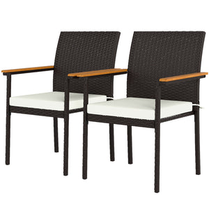 Stackable Wicker Patio Chairs Set of 2, PE Rattan Outdoor Dining Chairs with Removable Cushion, Armrest for Garden, Porch, Yard, Cream White