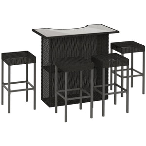 5 Pieces Patio Bar Set, Outdoor PE Rattan Wicker High Top Outdoor Table and Chairs Outdoor Bar Set with Tempered Glass Top Bar Table and Shelves, 4 Bar Chairs, Black