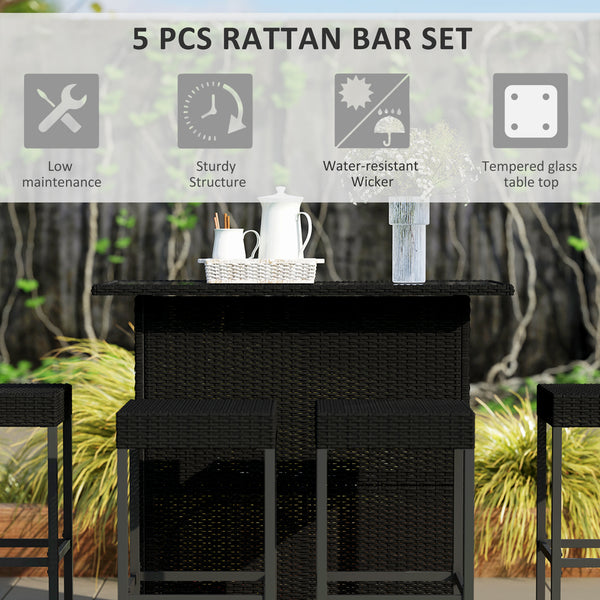 5 Pieces Patio Bar Set, Outdoor PE Rattan Wicker High Top Outdoor Table and Chairs Outdoor Bar Set with Tempered Glass Top Bar Table and Shelves, 4 Bar Chairs, Black