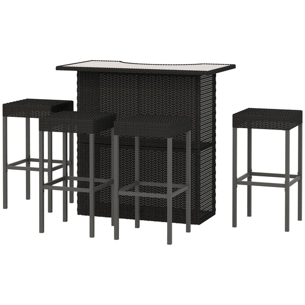 5 Pieces Patio Bar Set, Outdoor PE Rattan Wicker High Top Outdoor Table and Chairs Outdoor Bar Set with Tempered Glass Top Bar Table and Shelves, 4 Bar Chairs, Black