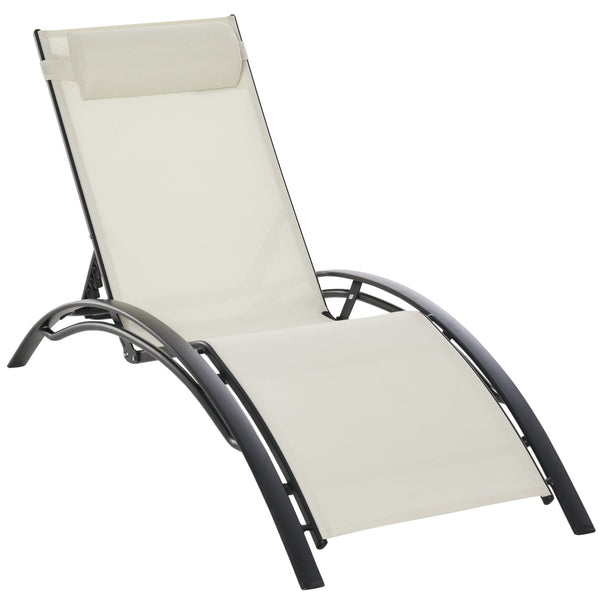 Patio Lounge Chair, Aluminum Reclining Outdoor Tanning Chair with 5-Level Adjustable Backrest, Head Pillow and Breathable Mesh Fabric, for Pool, Deck, Garden, Beige