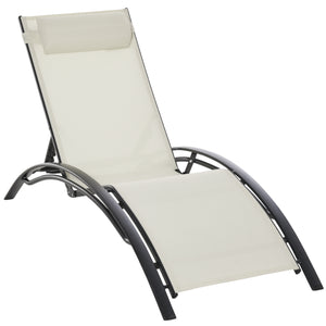 Patio Lounge Chair, Aluminum Reclining Outdoor Tanning Chair with 5-Level Adjustable Backrest, Head Pillow and Breathable Mesh Fabric, for Pool, Deck, Garden, Beige
