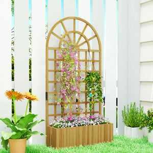 Wooden Raised Planter with Trellis, Raised Bed for Garden with Lattice and Drainage Holes for Climbing Plants, Outdoor Elevated Planter Box for Vegetables Flowers Herbs, 90 x 30 x 180 cm