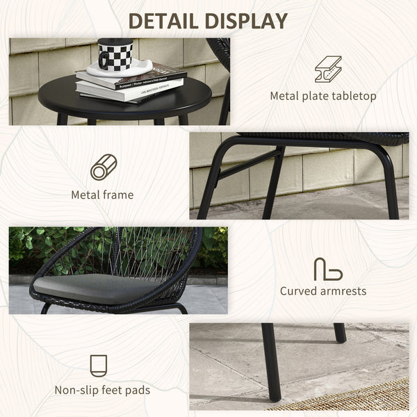 3 Pieces Rattan Bistro Set, Wicker Garden Furniture Set with Round Metal Top Coffee Table and Chairs, Washable Cushions for Outdoor, Patio, Balcony, Black