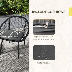 3 Pieces Rattan Bistro Set, Wicker Garden Furniture Set with Round Metal Top Coffee Table and Chairs, Washable Cushions for Outdoor, Patio, Balcony, Black