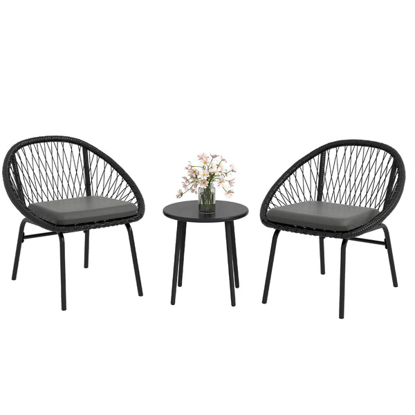 3 Pieces Rattan Bistro Set, Wicker Garden Furniture Set with Round Metal Top Coffee Table and Chairs, Washable Cushions for Outdoor, Patio, Balcony, Black