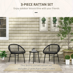 3 Pieces Rattan Bistro Set, Wicker Garden Furniture Set with Round Metal Top Coffee Table and Chairs, Washable Cushions for Outdoor, Patio, Balcony, Black
