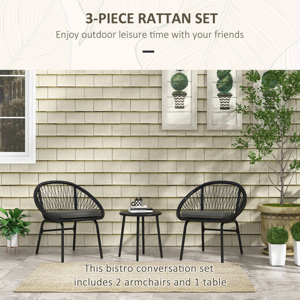 3 Pieces Rattan Bistro Set, Wicker Garden Furniture Set with Round Metal Top Coffee Table and Chairs, Washable Cushions for Outdoor, Patio, Balcony, Black