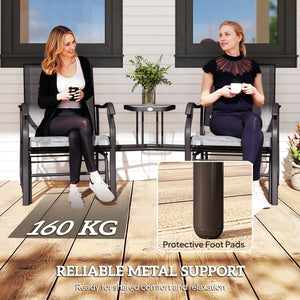 Outdoor Double Glider Rocking Chairs with Glass Top Middle Table, Metal Gliding Love Seat Conversation Furniture with Breathable Mesh Fabric Seat, for Garden, Patio, Grey