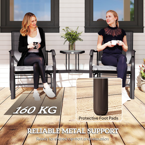 Outdoor Double Glider Rocking Chairs with Glass Top Middle Table, Metal Gliding Love Seat Conversation Furniture with Breathable Mesh Fabric Seat, for Garden, Patio, Grey